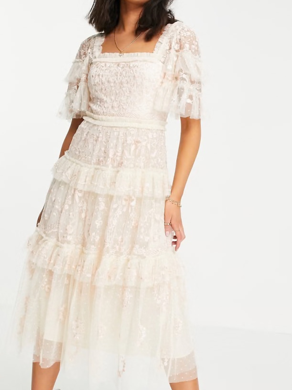 Needle & Thread Arwen Blush Floral Embroidered Tulle Midi Dress NWT